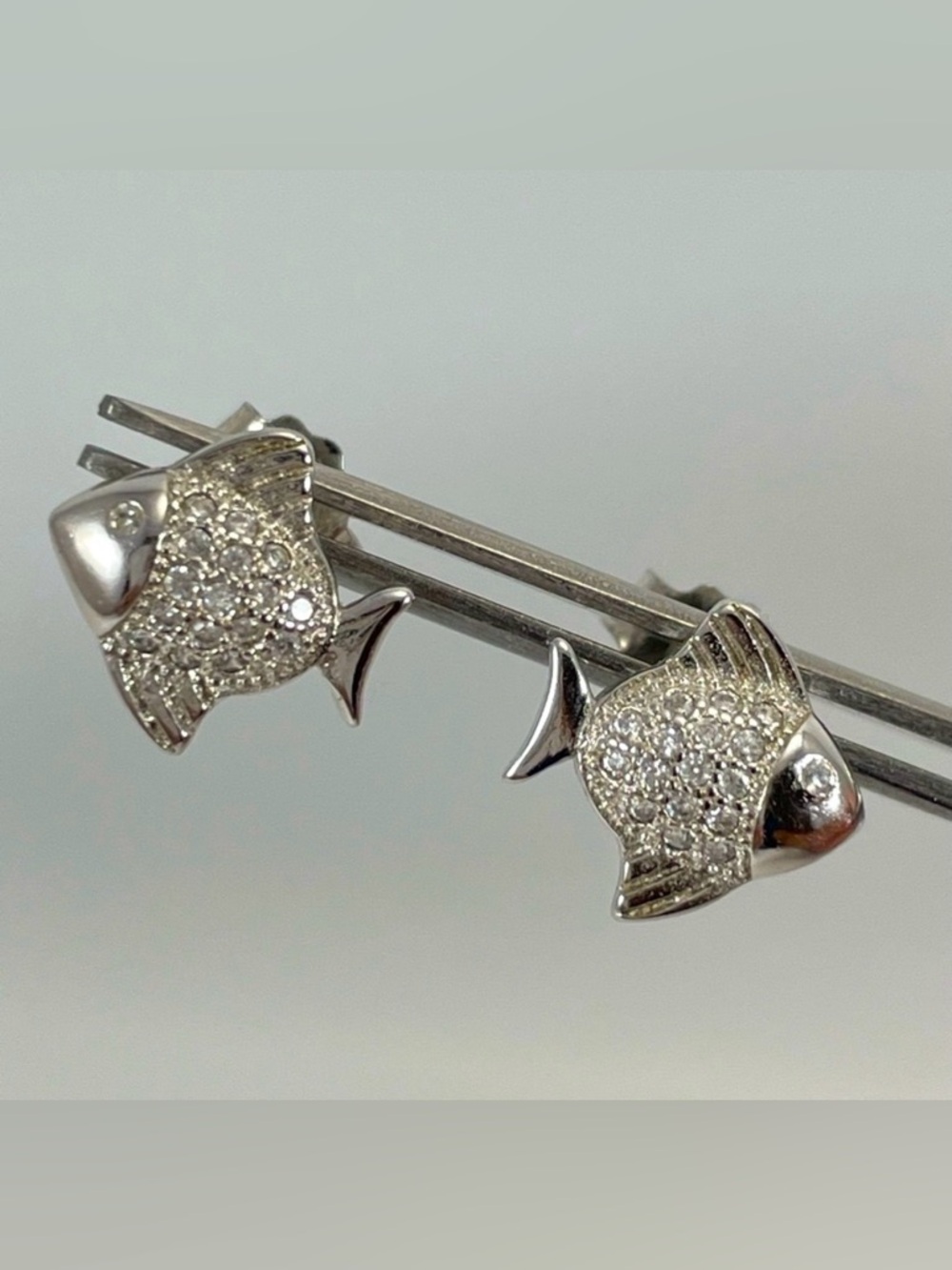 925 Sterling Silver White Diamond CZ Petite Fish Post Back Stud Earrings Cute